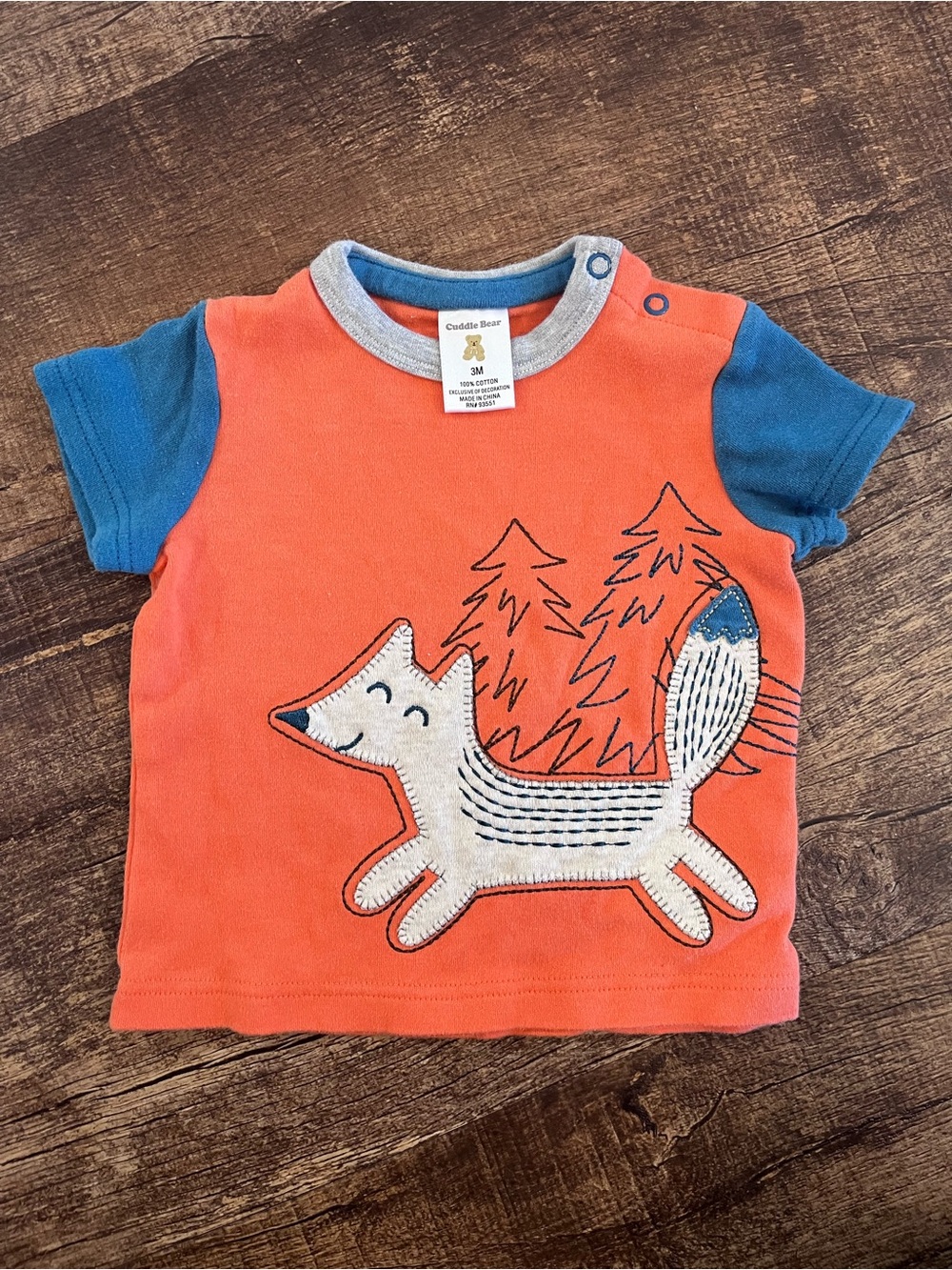 Cuddle Bear Orange Fox Short-Sleeve Tee with Blue Sleeves - 100% Cotton